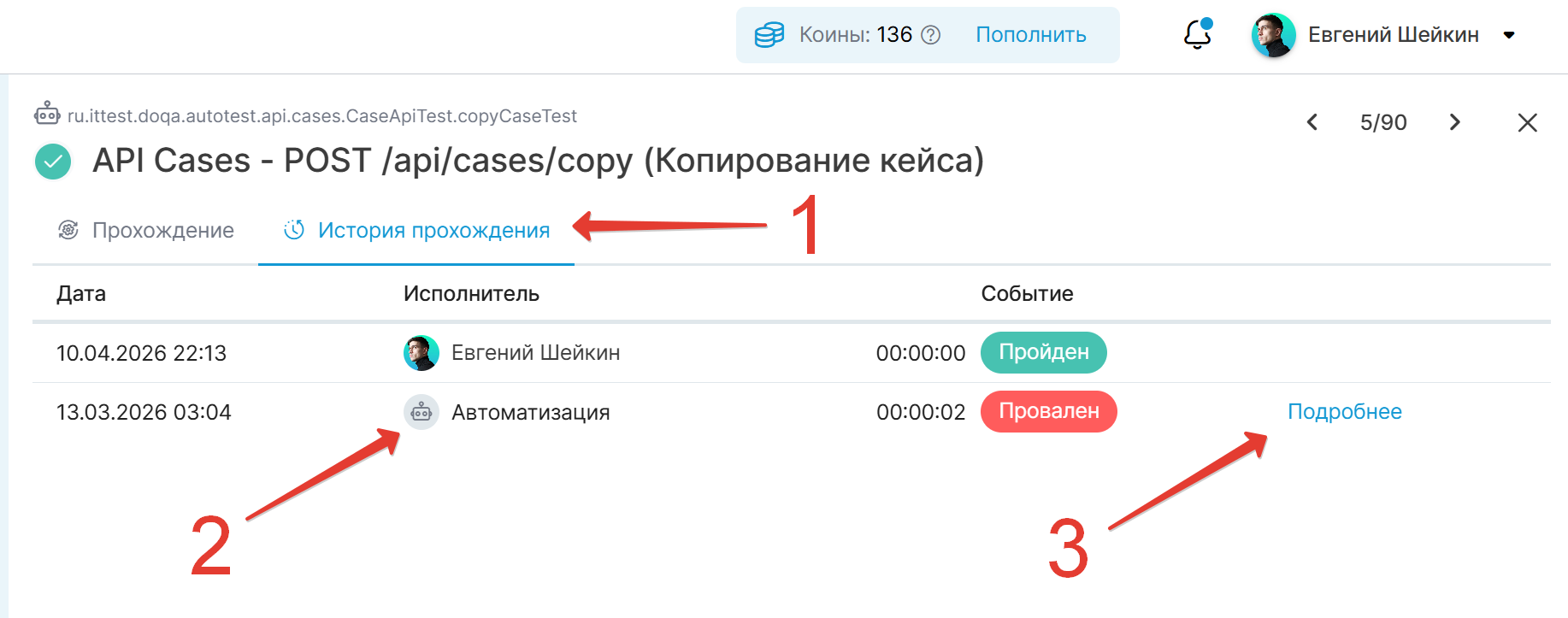 История прохождения теста